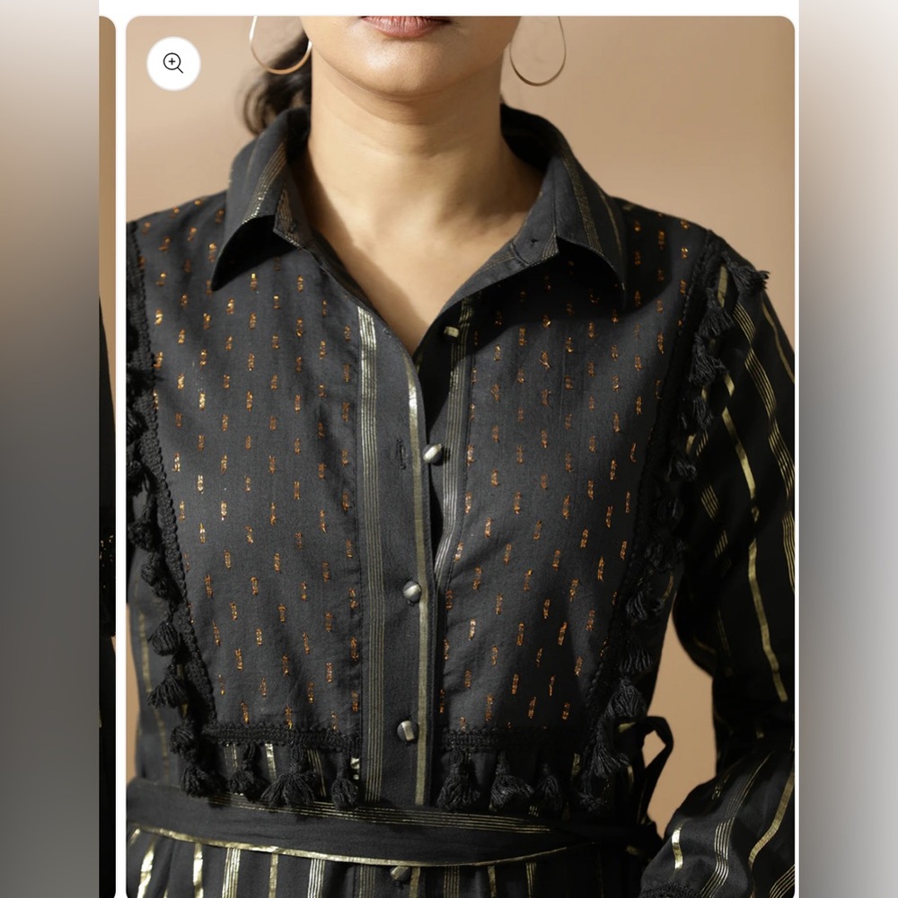 Womenās Black Gold Metallic Striped Tiered Mini Dress Bell Sleeve Boho Party M - Picture 5 of 9